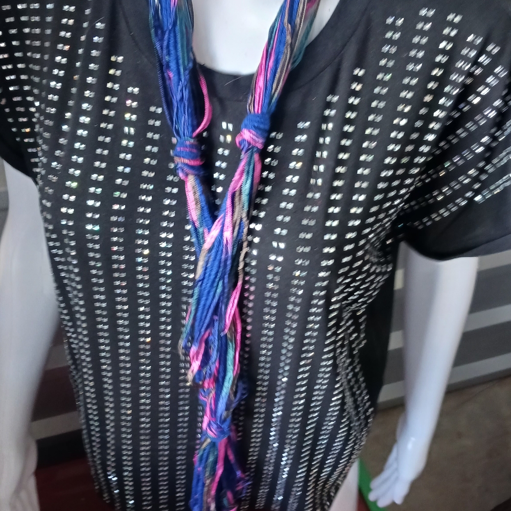 Black Studded T-Shirt with Multicolor Scarf